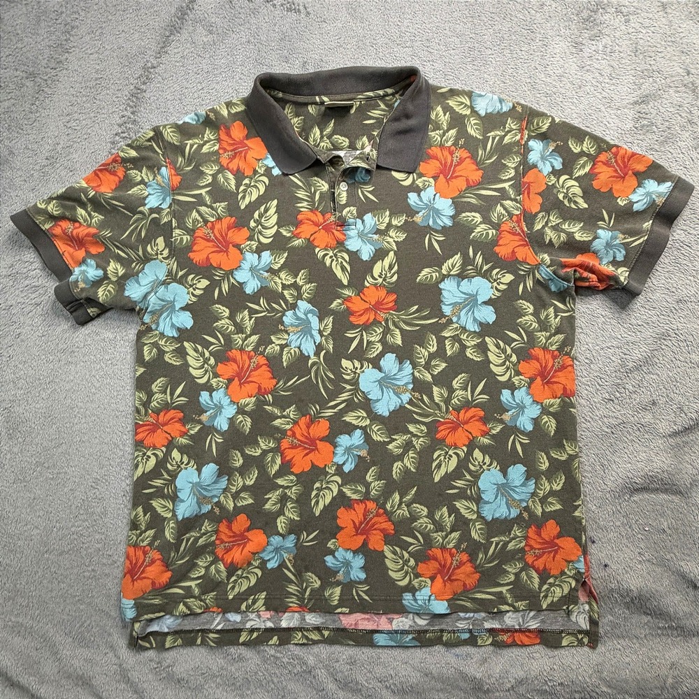 LL Bean Mens Polo Shirt Large Tropical Hibiscus Floral Gray Short Sleeve Pique